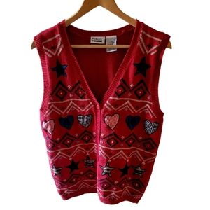 Capacity Vintage Patriotic Americana Heart Red White and Blue Sweater Vest Sz XL